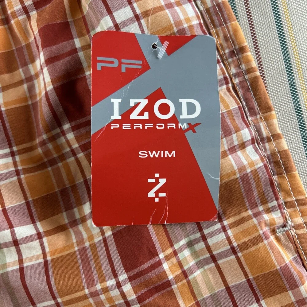 NEW Izod Swim Trunks Mens XL Orange Red White Plaid Performx 8